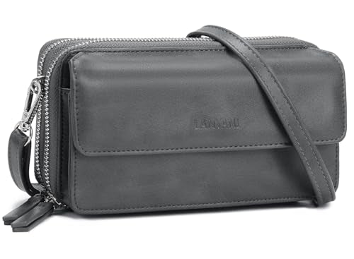 RFID Crossbody Wallet Wristlet Purse with Phone Pocket For Women Vegan Leather - color: B-retrro Grey