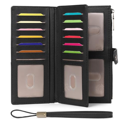 GAEKEAO Wallets for Women Leather RFID Blocking Large Capacity Card Case Ladies Wristlet Clutch Wallets Zipper Pocket with 4 ID Windows 20 Card Slots - color: Black