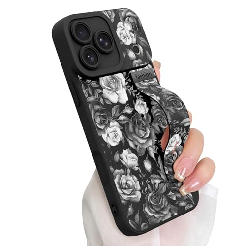 Cute Floral Case for iPhone 17 Pro with Finger Hand Wrist Strap | Flower Rose Design Phone Case with Adjustable Wristband Kickstand, Soft TPU Protective Cover for Women Girls, Black - color: Black Rose, size: Designed for iPhone 17 Pro
