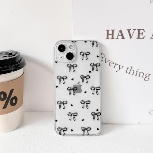 NITITOP Compatible with iPhone 14 Case Clear Cute Bow Ribbon Love Heart Pattern for Women Girls Bowknot Full Camera Lens Soft TPU Slim Shockproof Protective Cover - Black - color: Black, size: iPhone 14