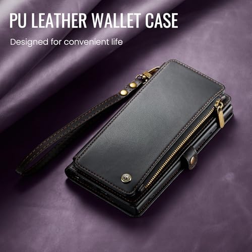 Defencase for Samsung Galaxy S23 Ultra Wallet Case with Card Holder, Black | Durable PU Leather, with RFID Blocking Zipper Pocket, Wrist Strap, S23 Ultra Flip Phone Cases Cover with Stand for Women Men - color: Fashion Black