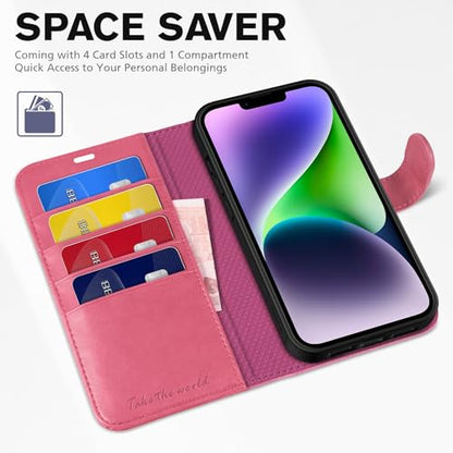 TUCCH Case Wallet for iPhone 14 (6.1") 2022, RFID Blocking Folio, Hot Pink | 4 Card Holders, Kickstand, PU Leather, Magnetic Closure, Shockproof TPU Shell, Protective Flip Cover - color: Hot Pink