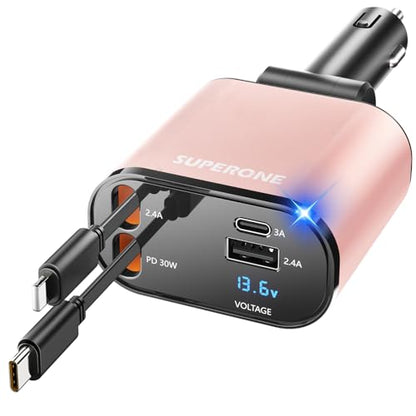 [Upgraded] SUPERONE Retractable Car Charger 4 in 1 Fast Phone Charger - color: Pink