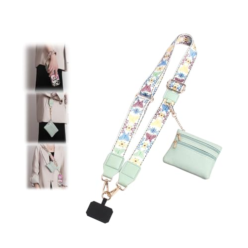 Phone Strap with Zippered Pouch, Clip and Go Strap for Phone with Wallet Crossbody - color: Green-butterfly