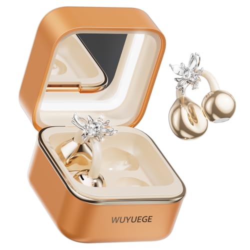 Clip On Earbuds with Detachable Butterfly Earrings & LED Makeup Mirror Case, Wireless Earbuds Bluetooth 6.0, Air Conduction Headphones, Lightweight for Travel Work Daily Use,Great Gift Choice - color: Sunset Gold