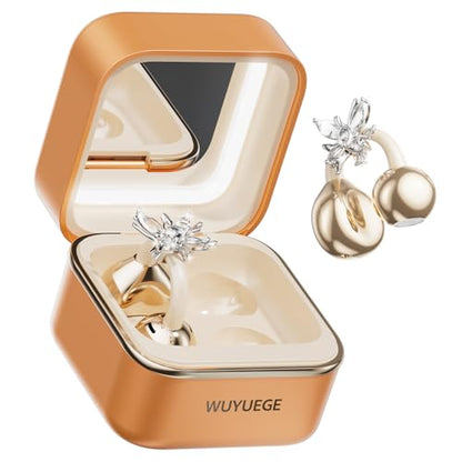 Clip On Earbuds with Detachable Butterfly Earrings & LED Makeup Mirror Case, Wireless Earbuds Bluetooth 6.0, Air Conduction Headphones, Lightweight for Travel Work Daily Use,Great Gift Choice - color: Sunset Gold