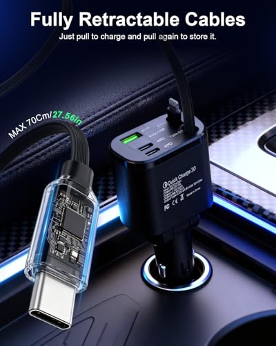 5-in-1 Fast Car Charger with USB-A and USB-C Ports, 75W High-Speed Charging, Retractable USB-C and Lightning Cables, Compatible with iPhone 16/15/14, Samsung Galaxy