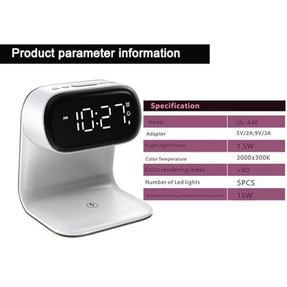 Wireless Charger Alarm Clock, Featuring Wireless Charging, Clock, Alarm, 3-Level Lighting, 15W Fast Wireless Charging, and Compatibility with All Qi-Enabled Devices, A40 White. - color: Wireless Charger Alarm Clock A40 White