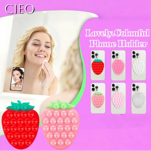 Suction Phone Holder, Strawberry Grip - Mirror/Bathroom Selfies, Pink Green - color: Strawberry Pink Green