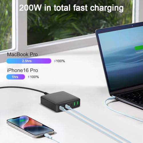 200W USB C Charger, 7-Port Desktop USB C Charging Station, 65W Laptop Charger Compatible with MacBook Pro/Air,iPhone 16/15/14/Mini/Pro/13Pro Max/12