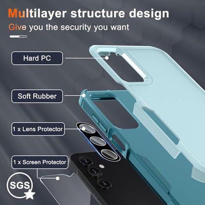 Case for Samsung Galaxy A15 5G, Full Body Heavy Duty Rugged Shockproof Protective Phone Cover with Lanyard Strap, Tempered Glass Screen Protector and Camera Lens Cover, Mint Green | Rugged Shockproof Protective Phone Case with Lanyard Strap,Tempered Glass