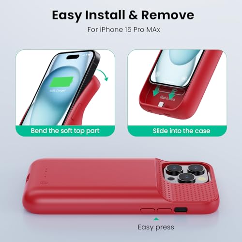 Battery Case for iPhone 15 Pro Max,Powerful 8600mah Ultra-Slim Protective Charging Case,15W Fast Charging Portable Rechargeable Expandable Battery Charger Cover for iPhone 15 Pro Max(6.7inch)-Red - color: Red
