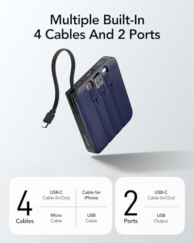 VRURC Portable Charger with Built-in 4 Cables, 22.5W Fast Charging - color: Navy Blue