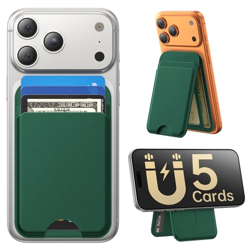 for MagSafe Wallet with Stand, 5 Card Holder, Slim Leather Magnetic Wallet for iPhone 18/17/16/15/14/13/12 Pro Max Plus Air Series, 3 Card Slots & 1 Cash Slot,Green - color: Green