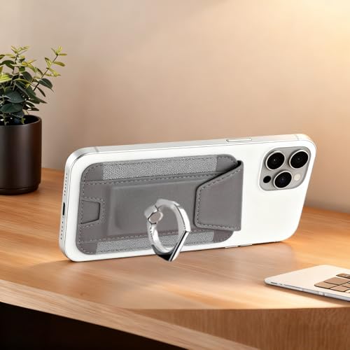 Magnetic Card Wallet Holder For Magsafe Wallets with Grip, 7 Cards Holder RFID Blocking, Ring Stand Stick on Wallet, Leather Magnetic Phone Wallet with Privacy Flap - color: Grey elastic circular support
