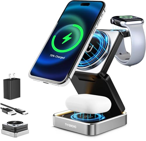 Portable 3 in1 Magsafe Wireless Charger Station for Apple iPhone, Multiple Devices, Foldable Travel Charging Stations, Magnetic Fast Charger with Light for iPhone 12-16 Series for Apple Watch & Airpod