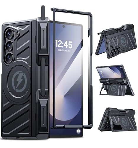 Magnetic Case for Samsung z-Fold-6: [Magsafe Compatible][Rugged Kickstand][S Pen Holder] Shockproof Armor Cover with Hinge Protection | for Business - color: Jet Black