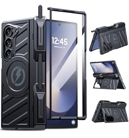 Magnetic Case for Samsung z-Fold-6: [Magsafe Compatible][Rugged Kickstand][S Pen Holder] Shockproof Armor Cover with Hinge Protection | for Business - color: Jet Black