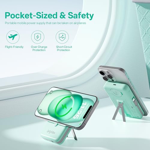 Magnetic Portable Charger Built-in Cables,10000mAh Fast Charging Wireless Charger Station External Battery Pack Slim Pocket Size Power Bank with Stand Compatible with iWatch, iPhone - color: Green