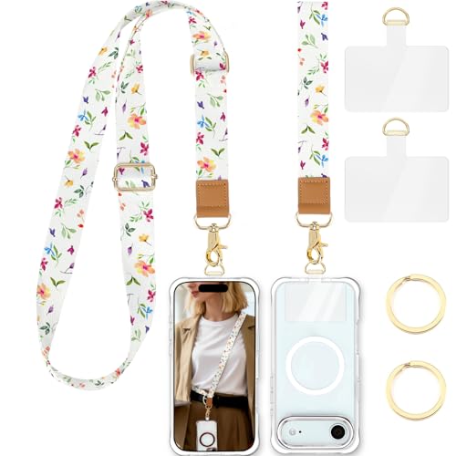 Phone Lanyard Crossbody Strap, Adjustable Neck Strap and Wristlet Strap for Phone Wallet ID Badge with 2 Phone Tabs - color: Floral