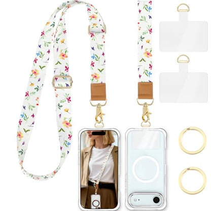 Phone Lanyard Crossbody Strap, Adjustable Neck Strap and Wristlet Strap for Phone Wallet ID Badge with 2 Phone Tabs - color: Floral
