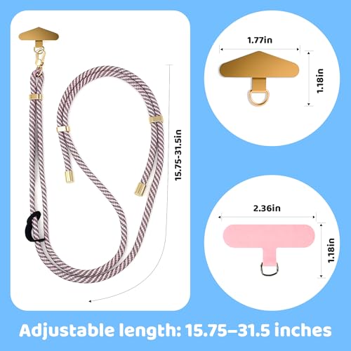 BestStone Crossbody Phone Lanyard Strap with 2 Tether Tabs (Nylon Pad + Metal Plate), Adjustable Cell Phone Lanyard - color: Grey + Pink