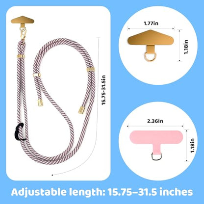 BestStone Crossbody Phone Lanyard Strap with 2 Tether Tabs (Nylon Pad + Metal Plate), Adjustable Cell Phone Lanyard - color: Grey + Pink