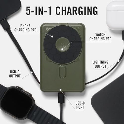 Ridge 20W Magnetic Power Bank Battery Pack 10,000mAh - Fast Charging, Compatible with MagSafe - Portable Charger Flight-Safe Travel Powerbank - Built-in Cables & Magnetic Attachment (Matte Olive) - color: Matte Olive