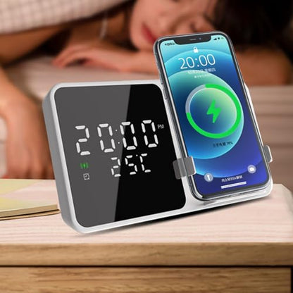 Multi-Function Wireless Charging Station with Digital Clock & Thermometer, 15W Fast Qi-Certified Charger, Alarm Clock, Fixed Stand Compatible with All Qi-Enabled Phones-W5 White - color: Multi Functional Alarm Clock W5 White