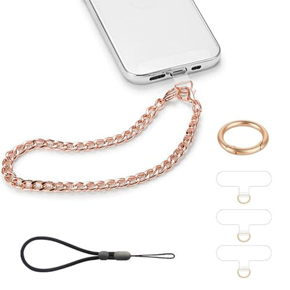 Phone Charm with Gold Metal Chain Detachable Phones Lanyard Hand Wrist Strap Adjustable Phone Finger Grip Wristlet with 3 Patches Tether Universal for iPhone 16 Pro Max 15 Charms Rose Gold - color: Rose Gold