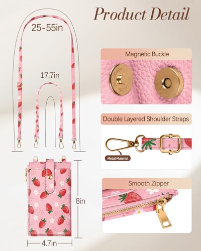 Miss Adola RFID Cell Phone Purse Crossbody Bag for Women | RFID Blocking, Card Slots, Dual Straps, Leather Phone Wallet, Magnetic Buckle, Smooth Zipper, Crossbody Purse for Daily Use - color: Flower Strawberry