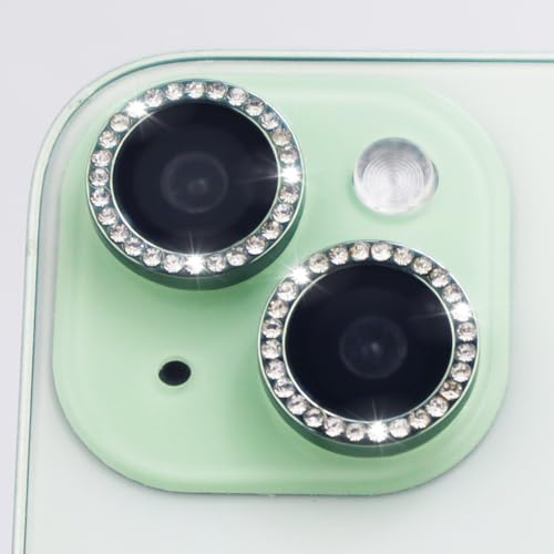 Camera Lens Protector for iPhone 15/15 Plus/14/14 Plus Bling Diamond Metal Ring Rhinestone Tempered Glass Lens Cover Accessories (Green) - color: Green