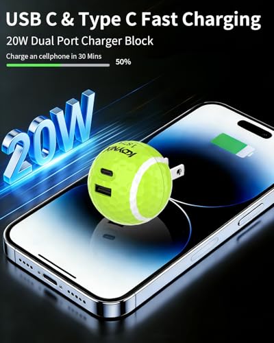 USB C Charger Block, Dual Port 20W Fast Charging Wall Charger Creative Ball Power Adapter for iPhone 17/17 Air/17 Pro/17 Pro Max/16/16 Pro/16 Pro Max/16 Plus/15/14/13/12, Galaxy, iPad, Airpods, More - color: Tennis