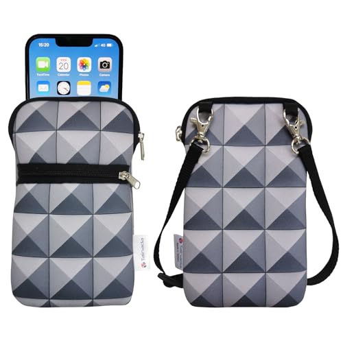 Tainada Small Crossbody Zipper Phone Neck Pouch (3D Silver Gray Geometric) mini Neoprene Dual Zip Wallet Purse Bag; Water-Resistant, Shockproof, Lightweight; Adjustable & Detachable Strap - color: 3D Silver Gray Geometric