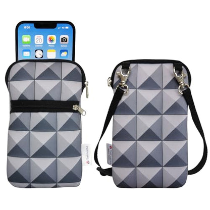 Tainada Small Crossbody Zipper Phone Neck Pouch (3D Silver Gray Geometric) mini Neoprene Dual Zip Wallet Purse Bag; Water-Resistant, Shockproof, Lightweight; Adjustable & Detachable Strap - color: 3D Silver Gray Geometric
