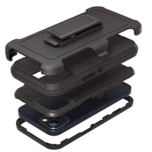 Compatible with iPhone 13 6.1 inch Case,with Screen Protectors,Heavy Duty Rugged Shockproof Full Body Protection Kickstand Case with Belt Clip Holster for iPhone 13 Phone (Black) - color: Black