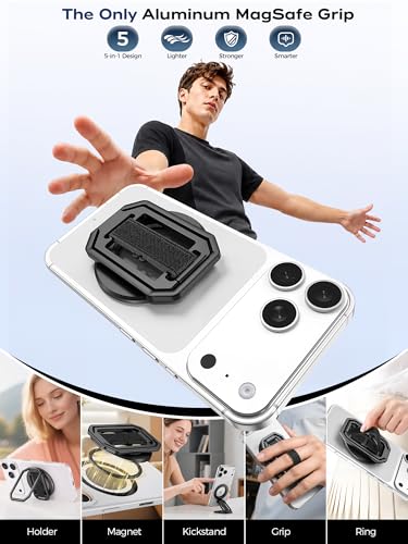 Ultra-Light & Durable Aluminum Phone Grip Stand for MagSafe, Finger Strap - color: Black (All-Aluminum)