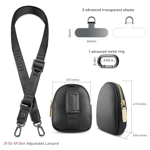 UKON Adjustable Phone Lanyard Crossbody Strap With Wallet Clip-and-Go Strap with Zippered Pouch Widened Phone String for iPhone Hands-Free for Travelling Concerts - color: Dark Black