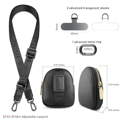 UKON Adjustable Phone Lanyard Crossbody Strap With Wallet Clip-and-Go Strap with Zippered Pouch Widened Phone String for iPhone Hands-Free for Travelling Concerts - color: Dark Black
