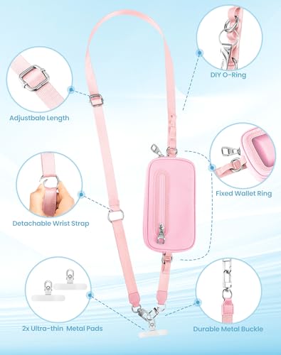 SHANSHUI Clip and Go Phone Lanyard Wallet, Hands Free Crossbody Strap with Zipper Pocket & ID Window, Includes 2 Metal Tether Pads for Phones, Keys, Earphones, Accessories Pink - color: Pink