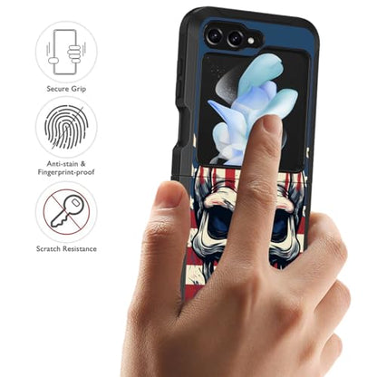 for Samsung Galaxy Z Flip 5 Case, Heavy Duty Dual Layer Hybrid Military Grade Shockproof Drop Folding Protective Cover for Samsung Galaxy Z Flip 5 5G 2023, American Flag Skull - color: American Flag Skull
