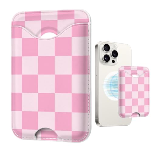 Checkered Magnetic Wallet for Magsafe Compatible with iPhone 17/16/15/14/13/12 Series Pro Max Plus Air (Phone Magnet Card Holder Fit 3 Cards for Women Girl Lether Mag Safe Wallets Pink) - color: Checkered (Pink)