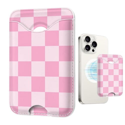 Checkered Magnetic Wallet for Magsafe Compatible with iPhone 17/16/15/14/13/12 Series Pro Max Plus Air (Phone Magnet Card Holder Fit 3 Cards for Women Girl Lether Mag Safe Wallets Pink) - color: Checkered (Pink)