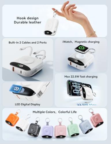 Portable Charger 10000mAh 22.5W Power Bank Built-in 2 Cables Keychain | Charge 5 Devices, TSA approved, Travel Fast Charging Battery Pack for iPhone Samsung Google Android & iWatch Charger, White - color: White