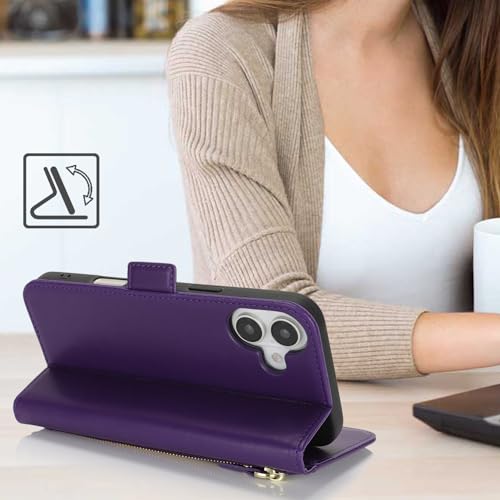 Ｈａｖａｙａ for iPhone 16 case Wallet with Card Holder Zipper for Women Men PU Leather Flip Folio Credit Card Slots Stand Shockproof Phone Cover(6.1")-Deep Purple - color: Deep Purple-A