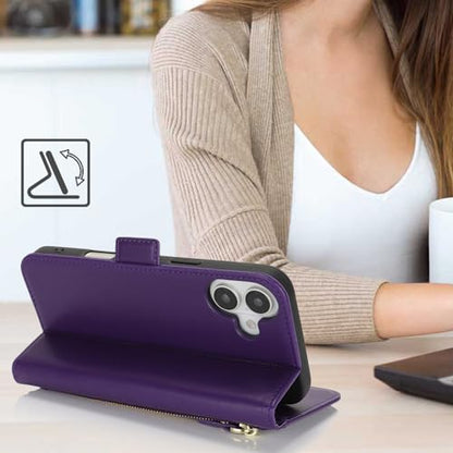 Ｈａｖａｙａ for iPhone 16 case Wallet with Card Holder Zipper for Women Men PU Leather Flip Folio Credit Card Slots Stand Shockproof Phone Cover(6.1")-Deep Purple - color: Deep Purple-A