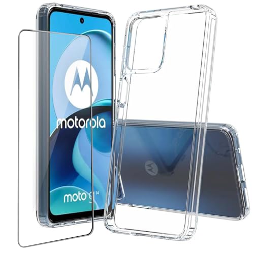 for Moto G14 Case Crystal Clear Slim Hard Case Hybrid Shockproof Bumper with Tempered Glass Screen Protector Full Body Anti-Yellow Anti-Scratch Phone Protective Cover - color: Moto G14