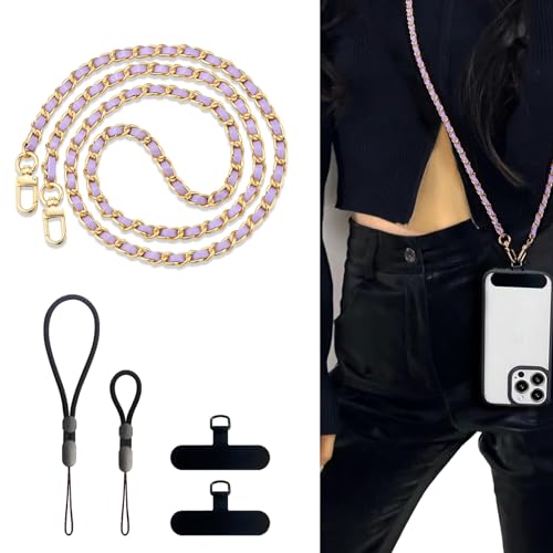 BFSD·DM Phone crossbody strap, 2× Pads,1× Leather Phone Strap,1× Phone Wrist Strap,1× Adjustable Finger Strap,Universal Crossbody Patch Phone Lanyards,Compatible with Most Smartphones(purple-48in) - color: Gold/Purple 48in