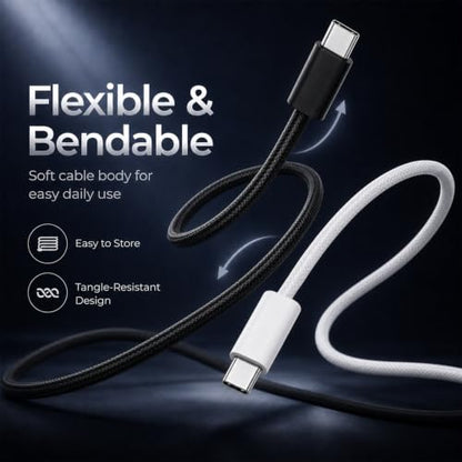 HIFI WALKER USB C to USB C Cable 2 Pack, 3.3ft Braided Cord, Black & White