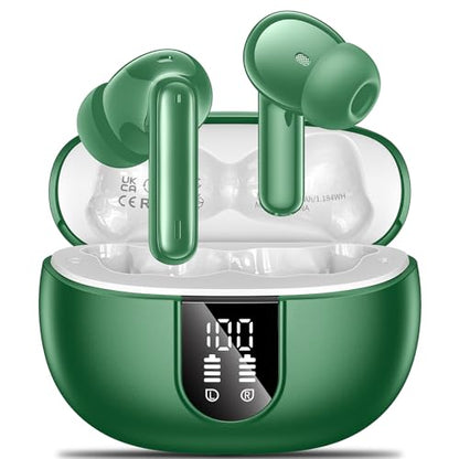 Wireless Earbuds,2024 Wireless Headphones HiFi Stereo Earphones with 4 ENC Noise Canceling Mic, 42Hs Playtime In Ear Earbud,Bluetooth 5.3 Sport Earphones with LED Power Display for Android iOS Green - color: Green